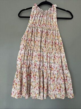 Alice Blue Floral Tiered Halter Dress in White with Pink & Yellow Blooms